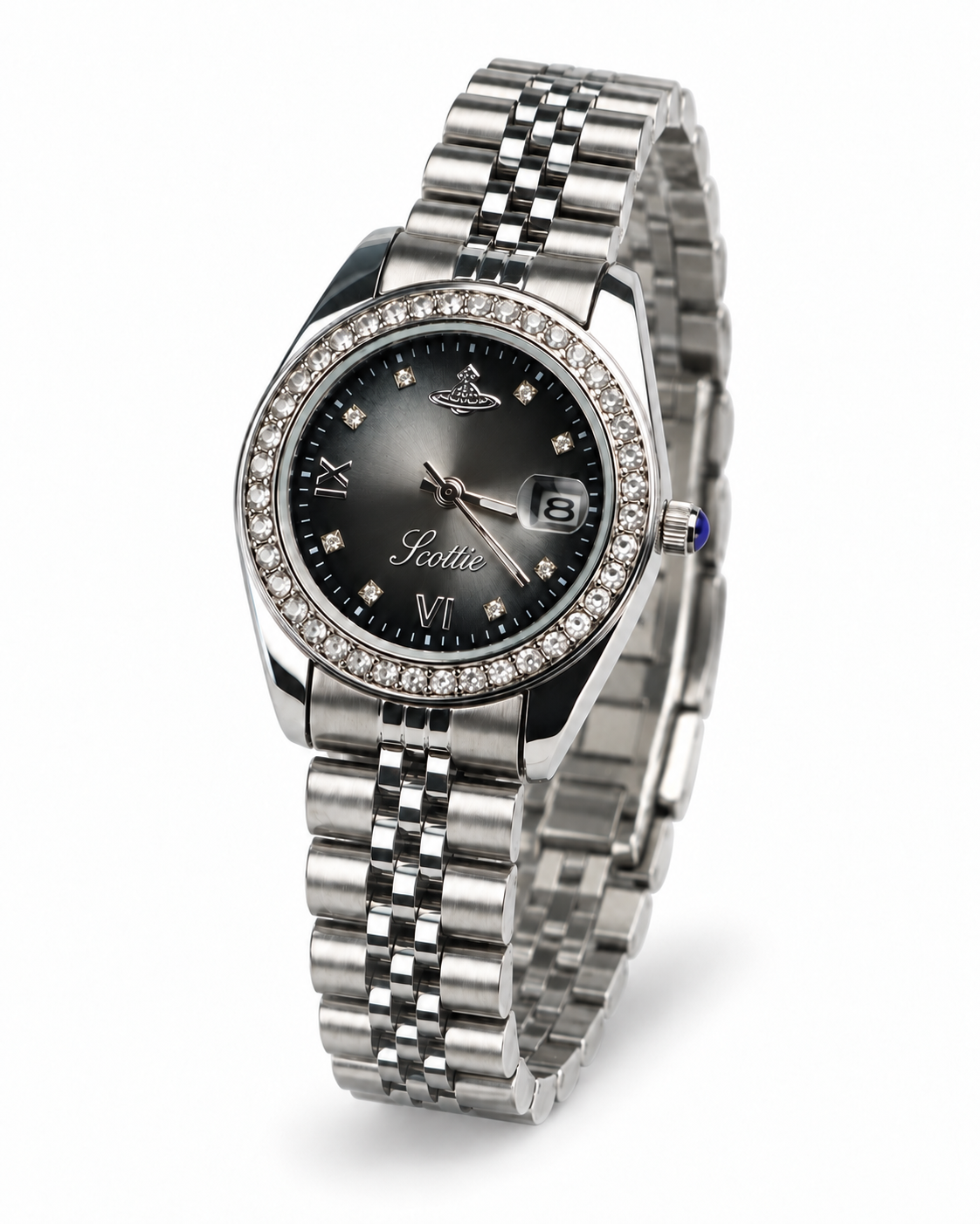 Scottie Nero silver link bracelet watch, side angle