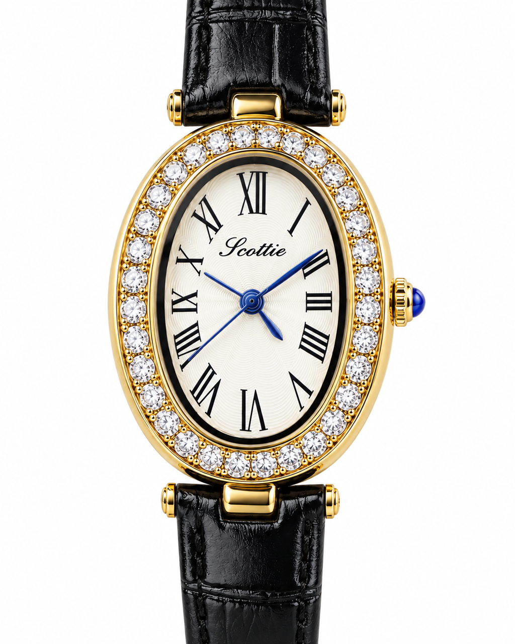 Scottie Cameo gold oval watch with Roman numerals, crystal bezel and black leather strap, front view