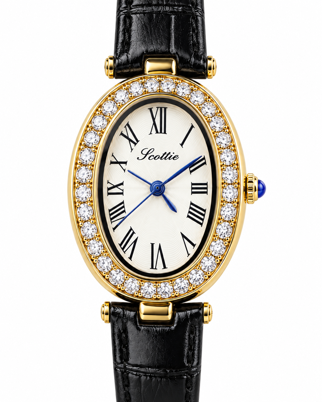 Scottie Cameo gold oval watch with Roman numerals, crystal bezel and black leather strap, front view
