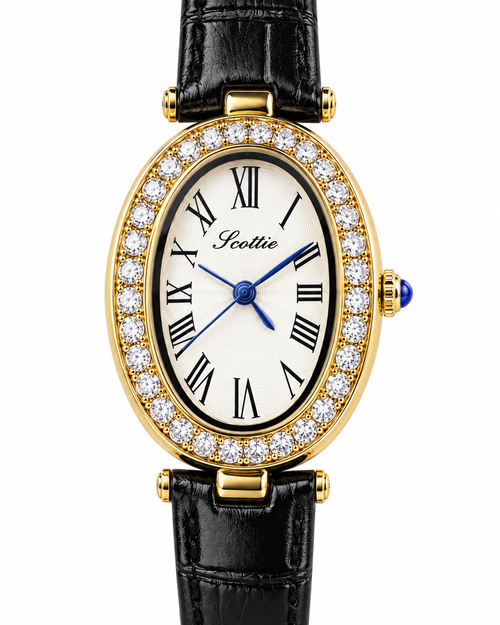 Scottie Cameo gold oval watch with Roman numerals, crystal bezel and black leather strap, front view
