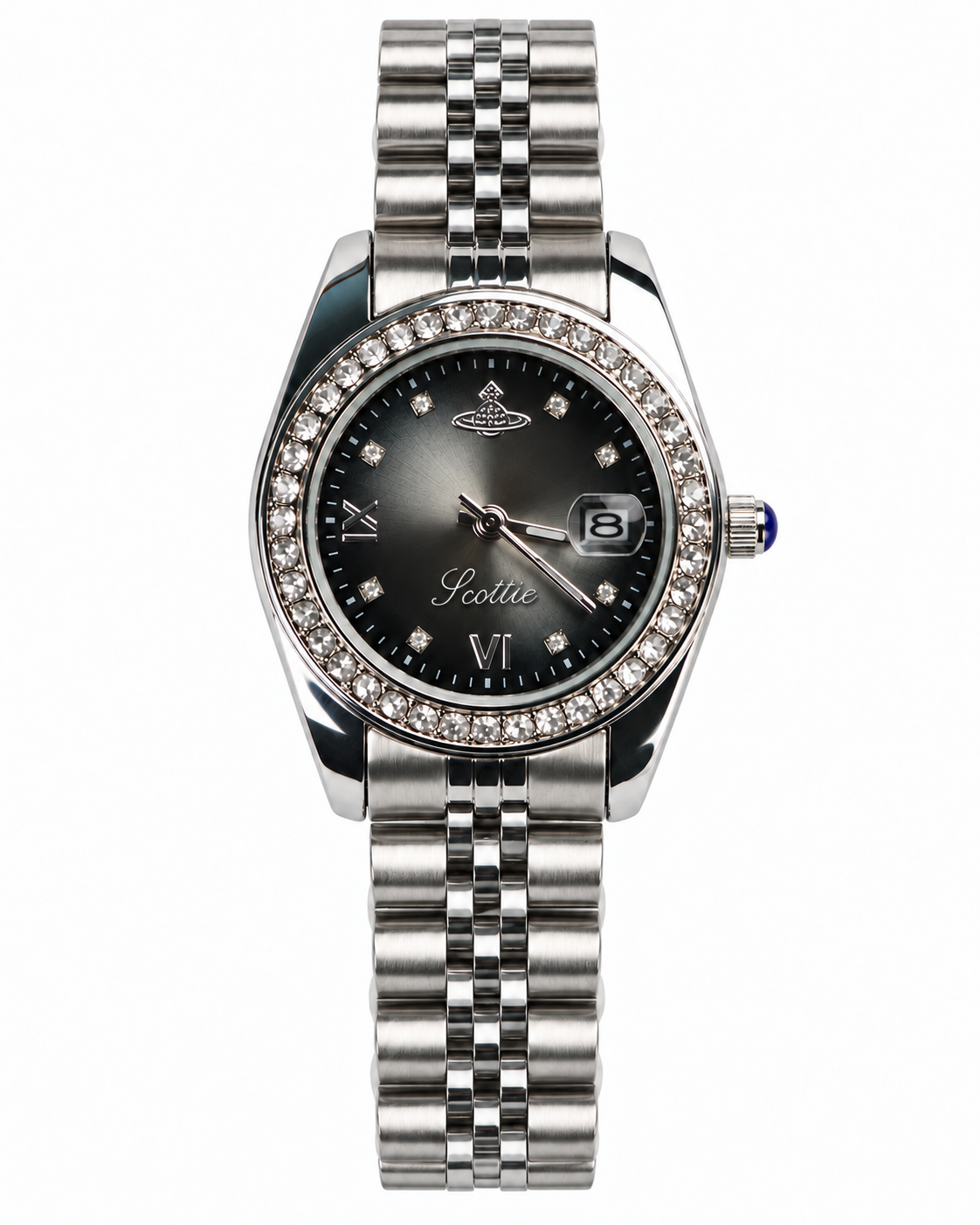 Scottie Nero silver watch with black dial and crystal bezel, front view