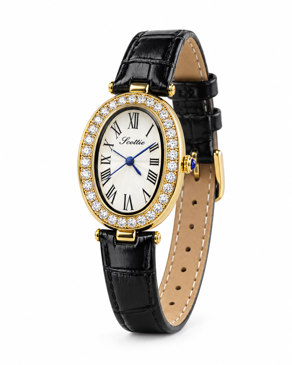 Scottie Cameo gold watch on black leather strap