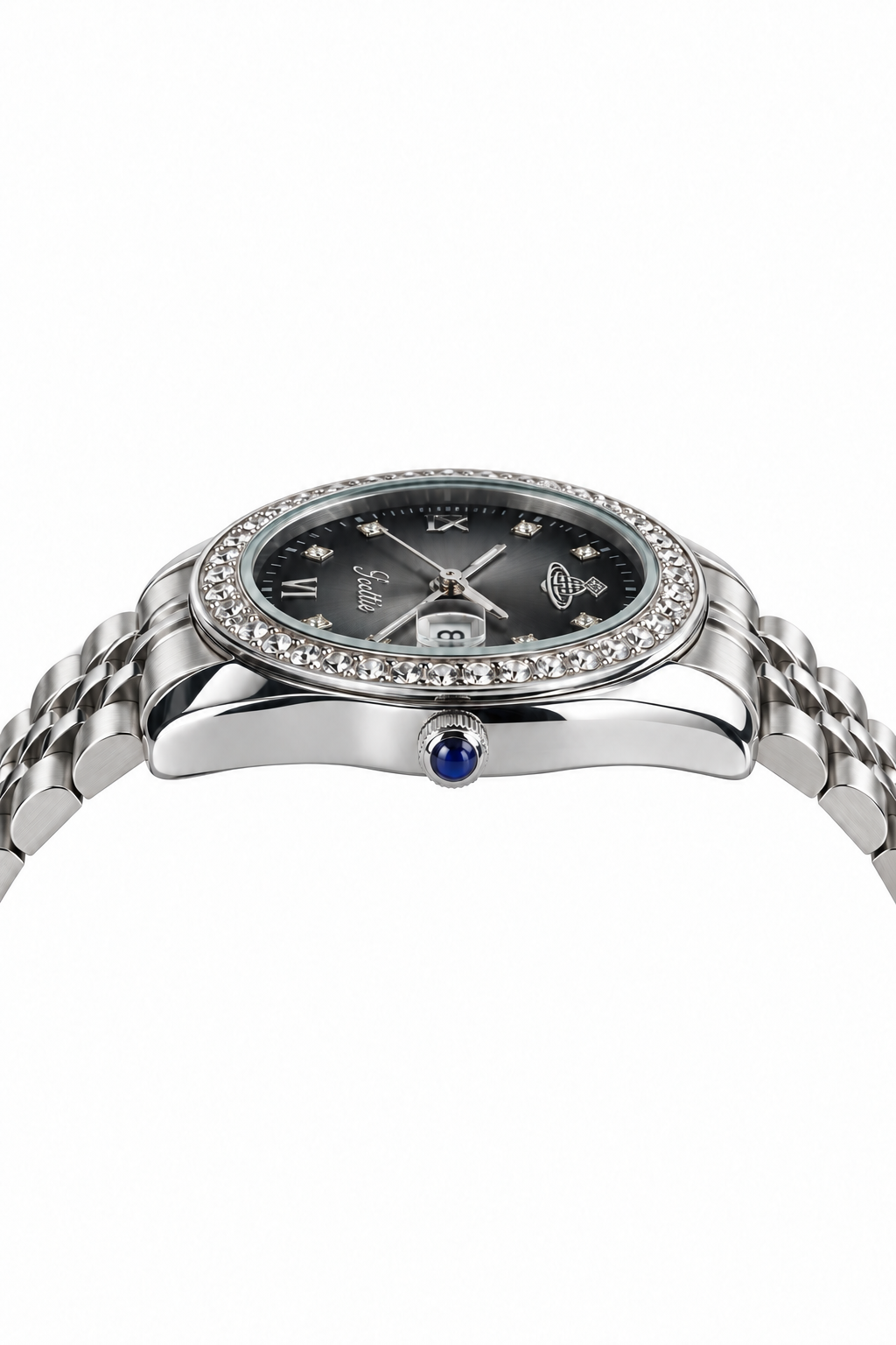 Scottie Nero crystal bezel and blue crown, profile view