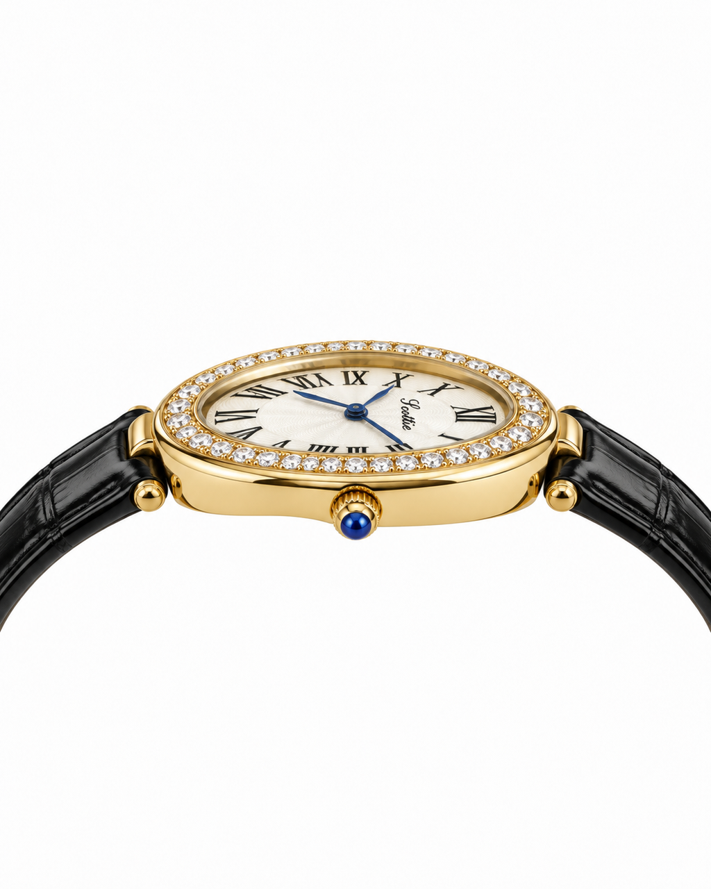 Scottie Cameo crystal bezel and blue crown, profile view