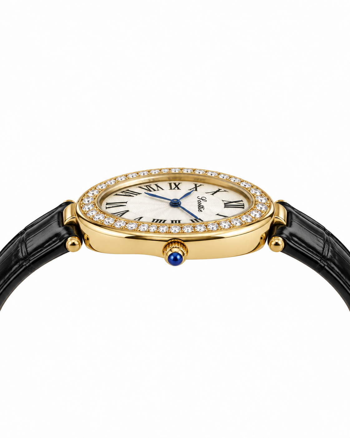 Scottie Cameo crystal bezel and blue crown, profile view