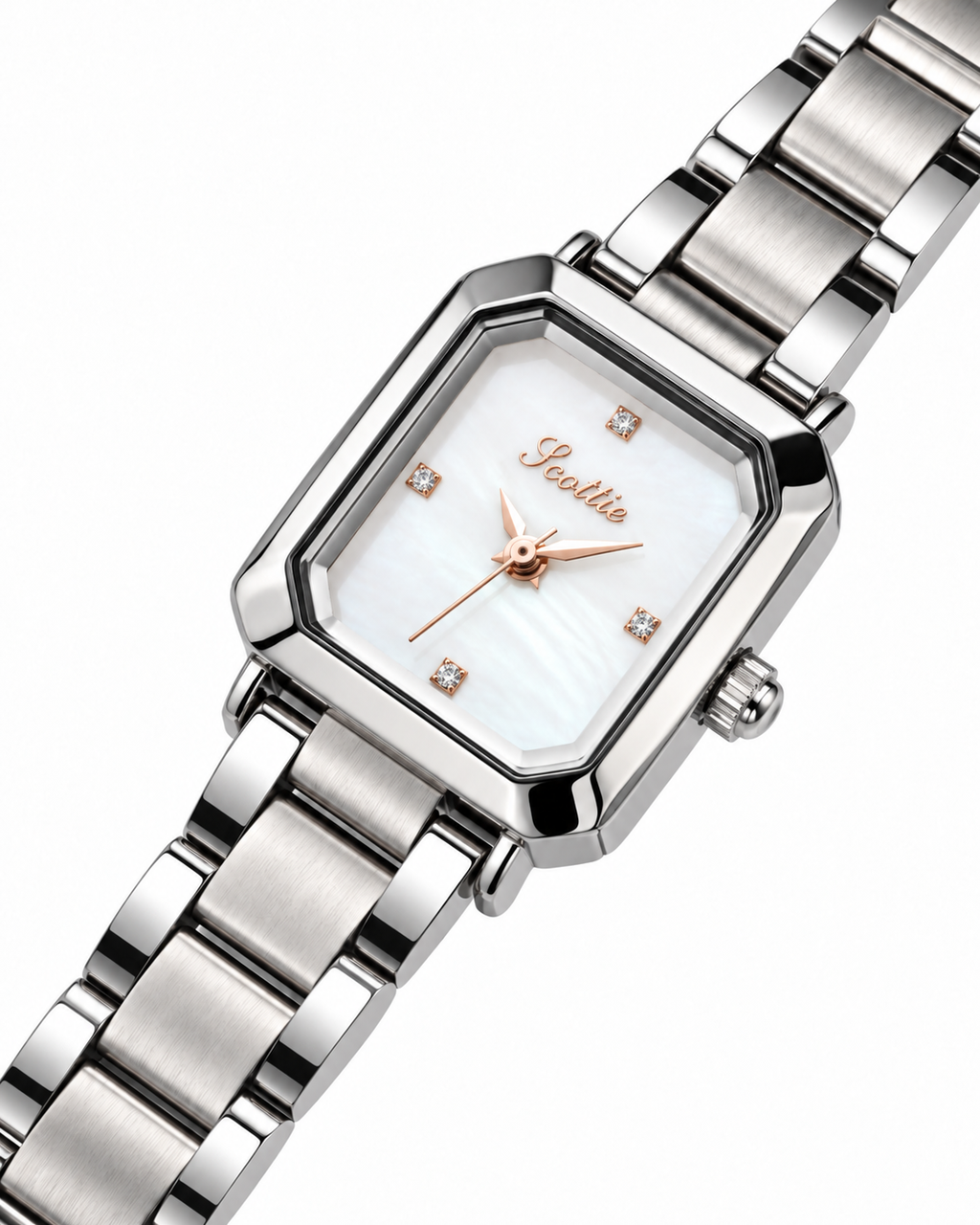 Scottie Reverso silver rectangular watch, angled view