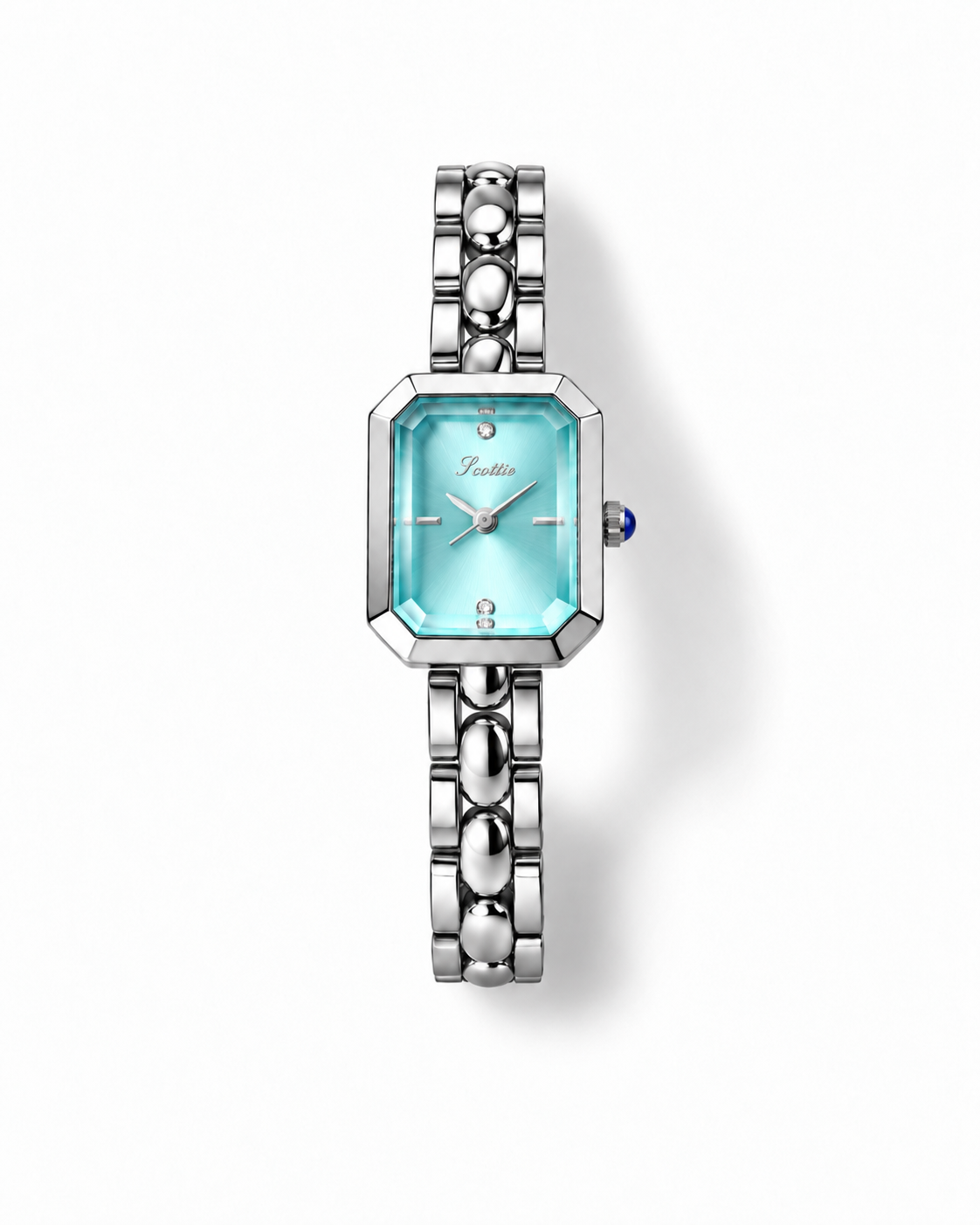 Scottie Celeste silver rectangular watch with light blue dial, front view
