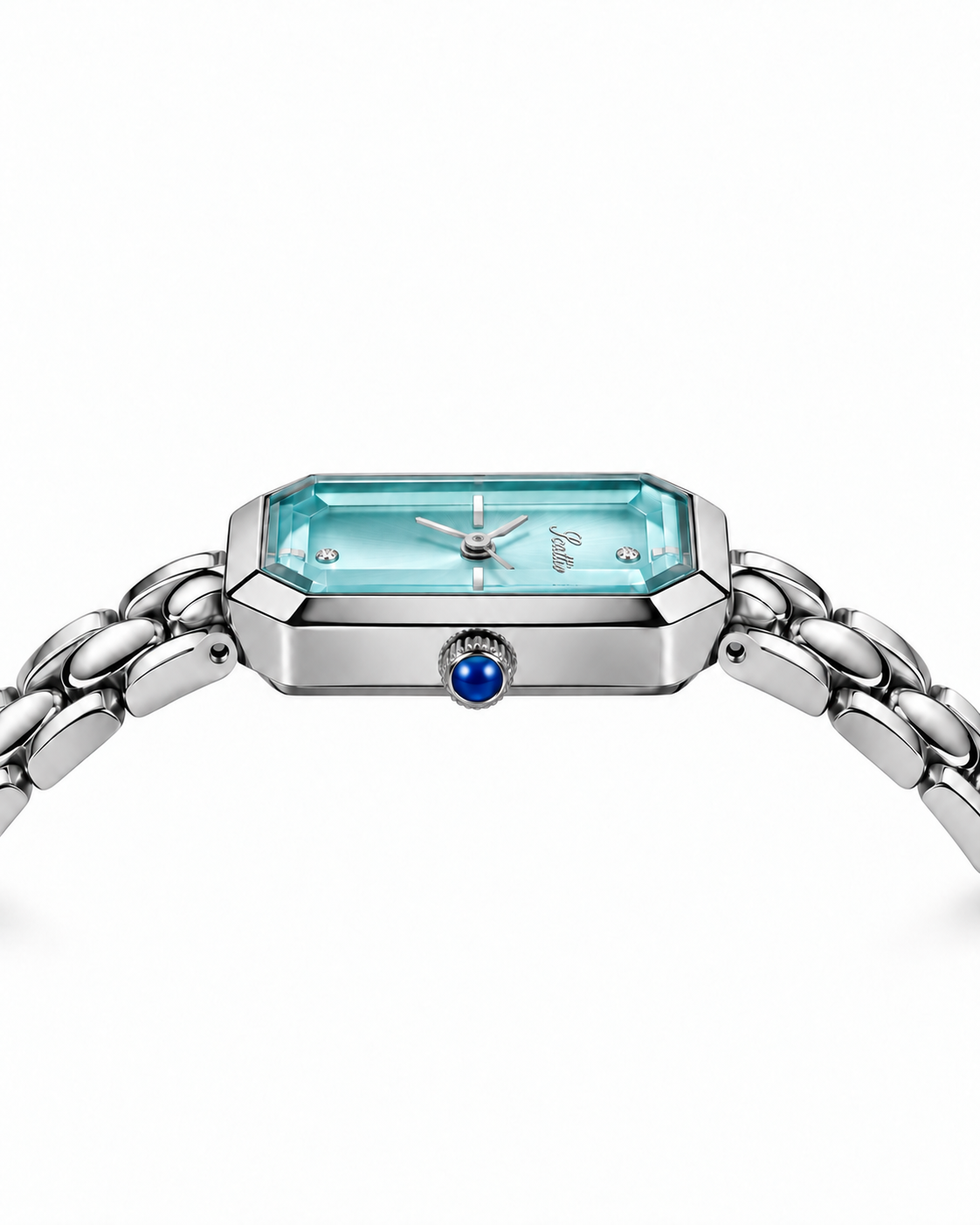 Scottie Celeste silver case and blue crown, profile view