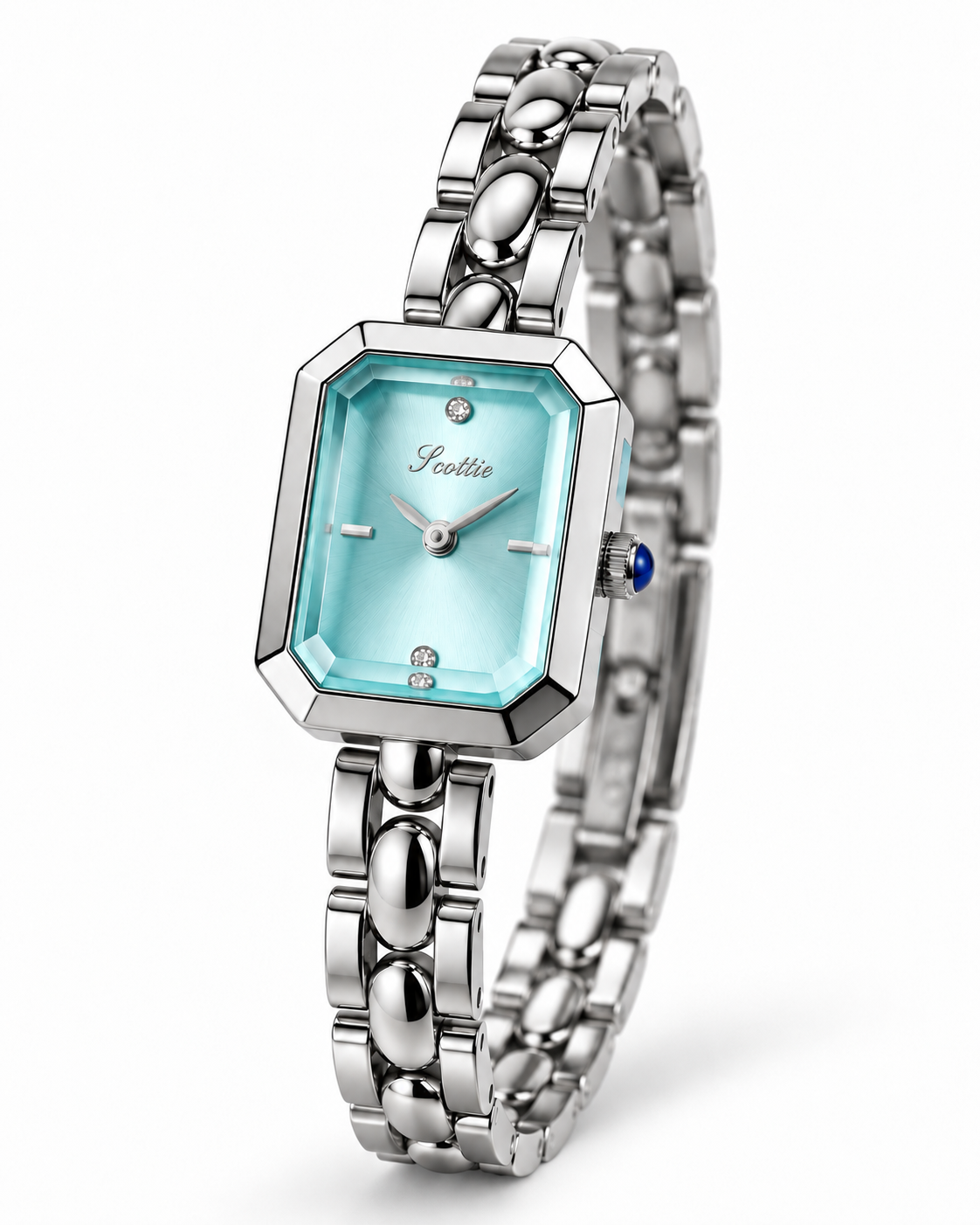Scottie Celeste silver link bracelet watch, angled view