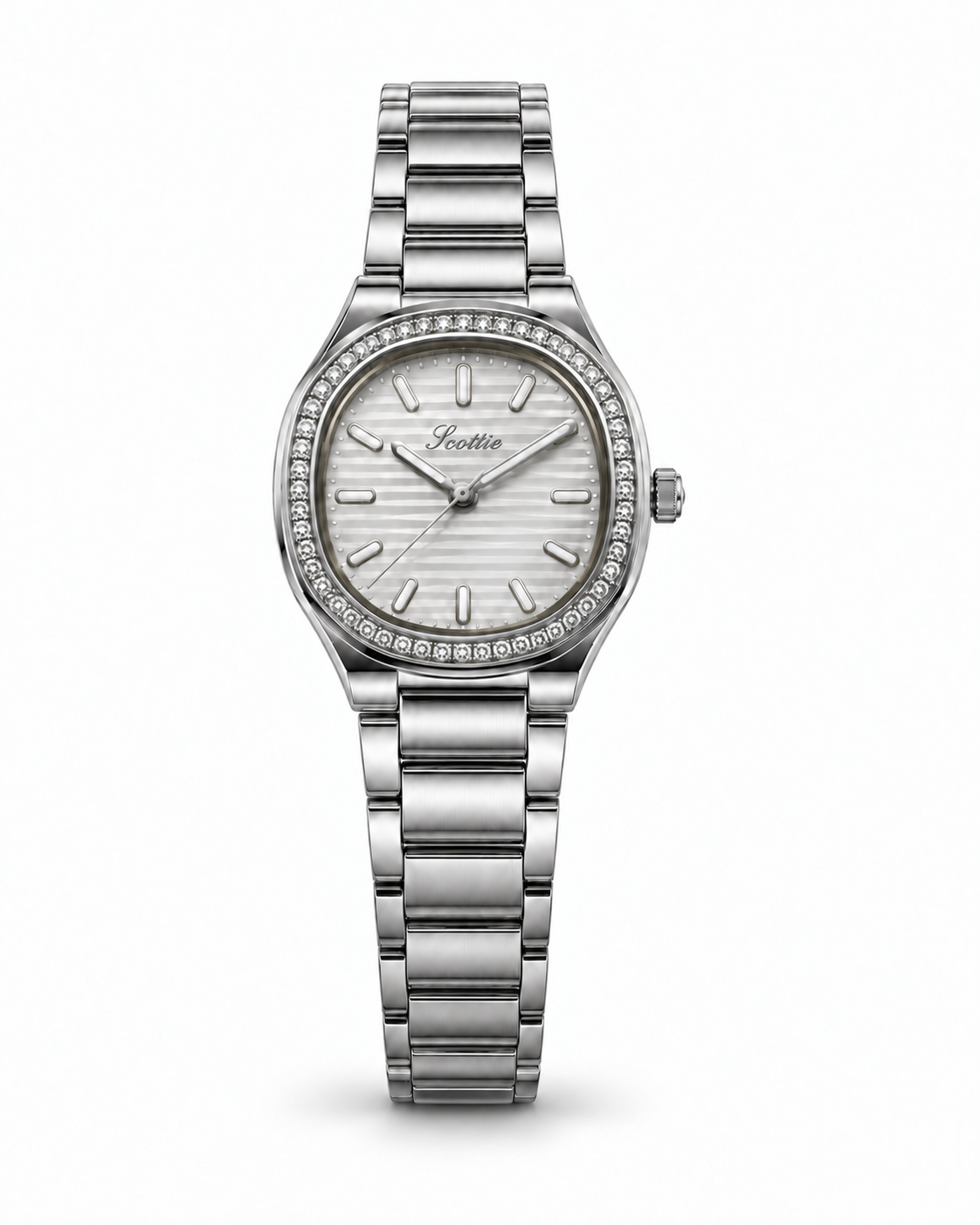 Scottie Carre silver watch with crystal bezel and white wave dial, front view