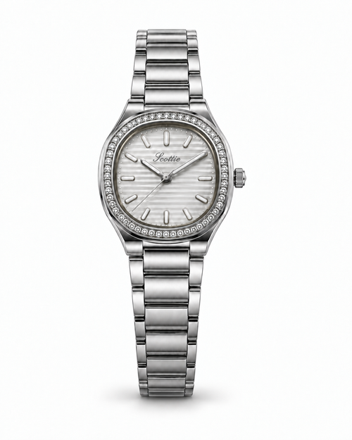 Scottie Carre silver watch with crystal bezel and white wave dial, front view