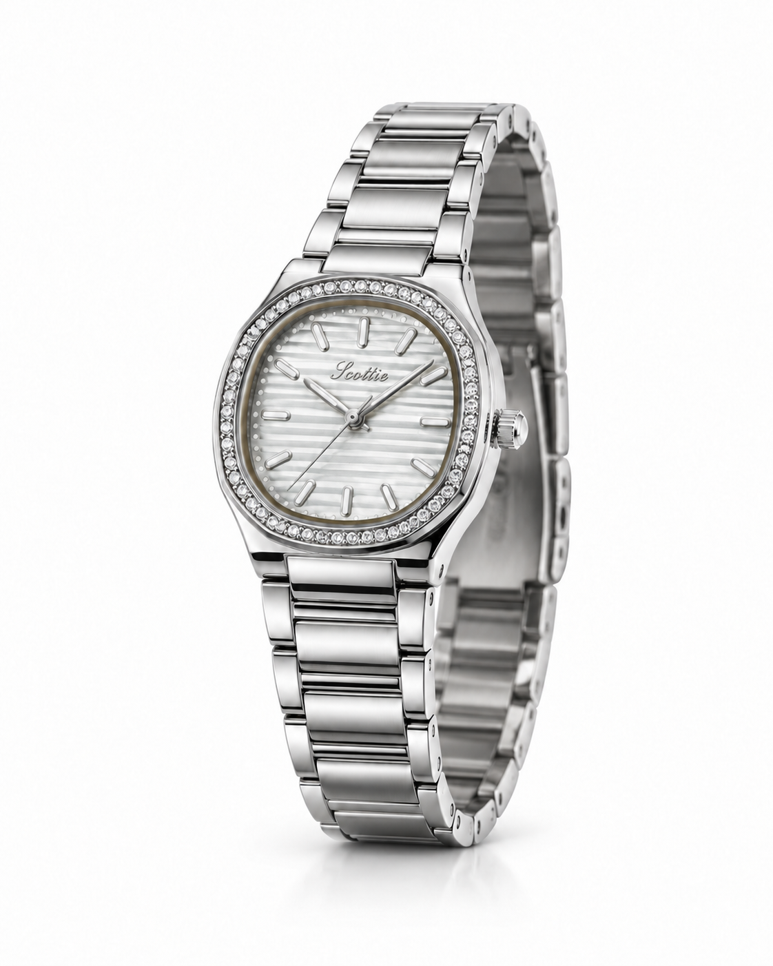 Scottie Carre silver watch, angled view