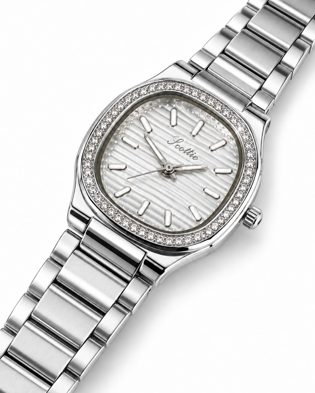 Scottie Carre crystal bezel and wave dial, close-up