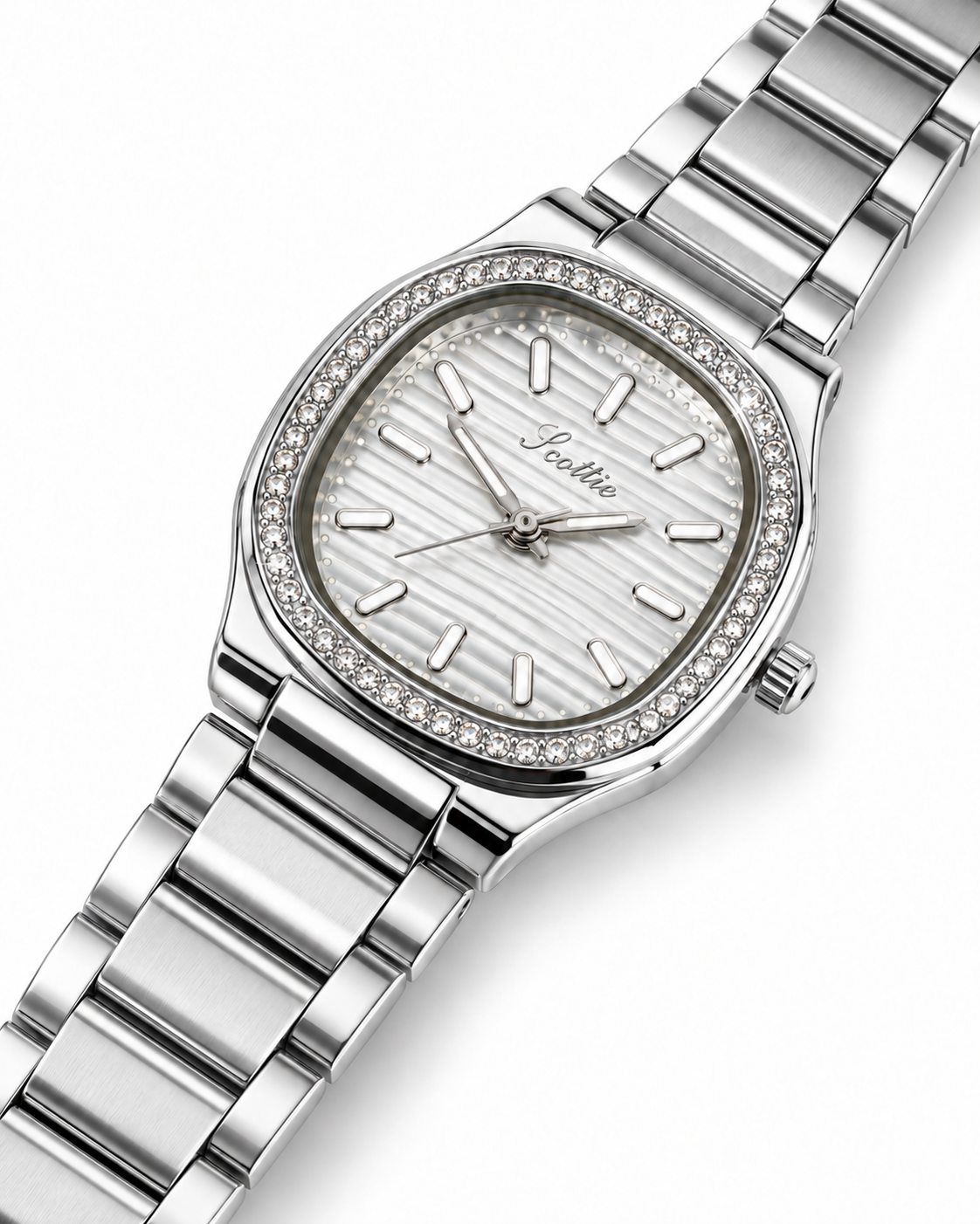 Scottie Carre crystal bezel and wave dial, close-up