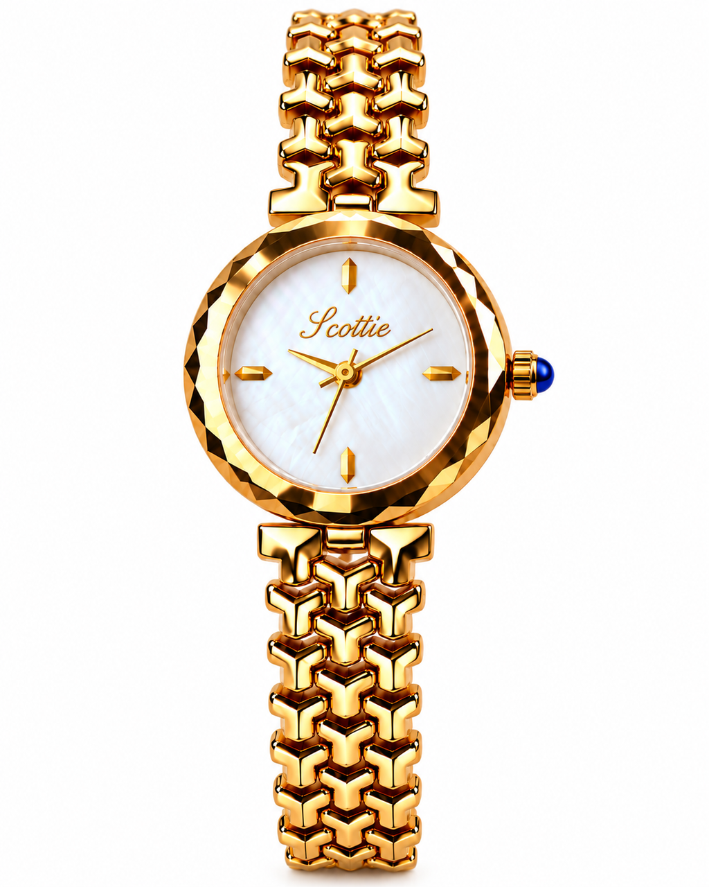 Scottie Oro gold watch with faceted bezel, angled view