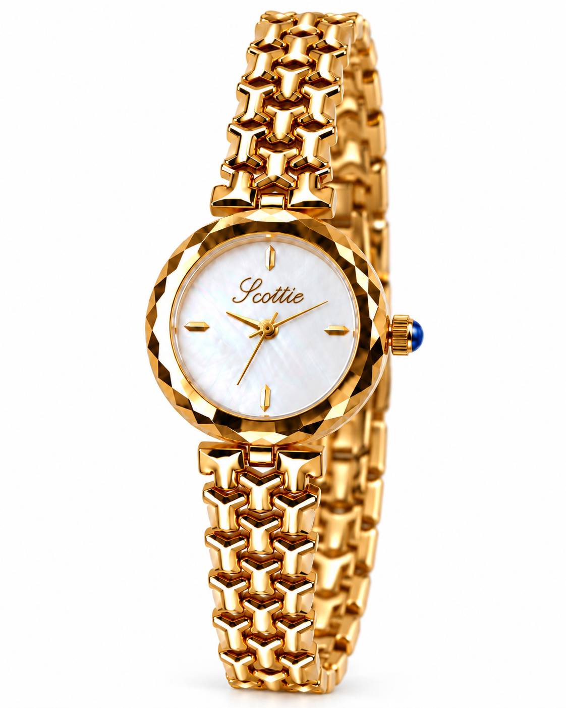 Scottie Oro gold watch with mother-of-pearl dial, front view