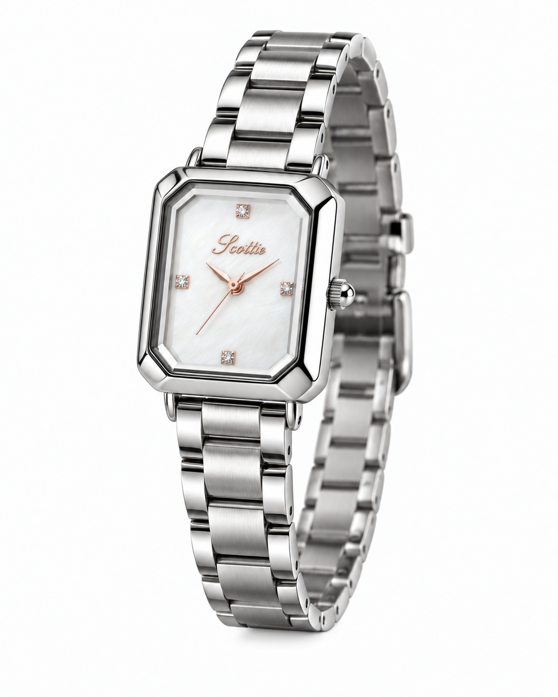 Scottie Reverso silver rectangular watch with mother-of-pearl dial, front view
