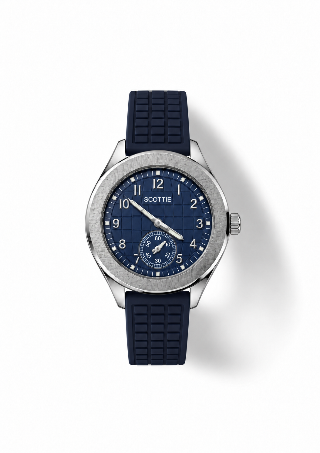 Scottie Marine silver watch with navy dial and navy strap, front view