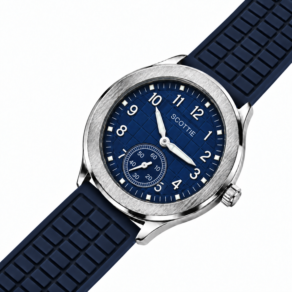 Scottie Marine navy dial with small seconds, close-up