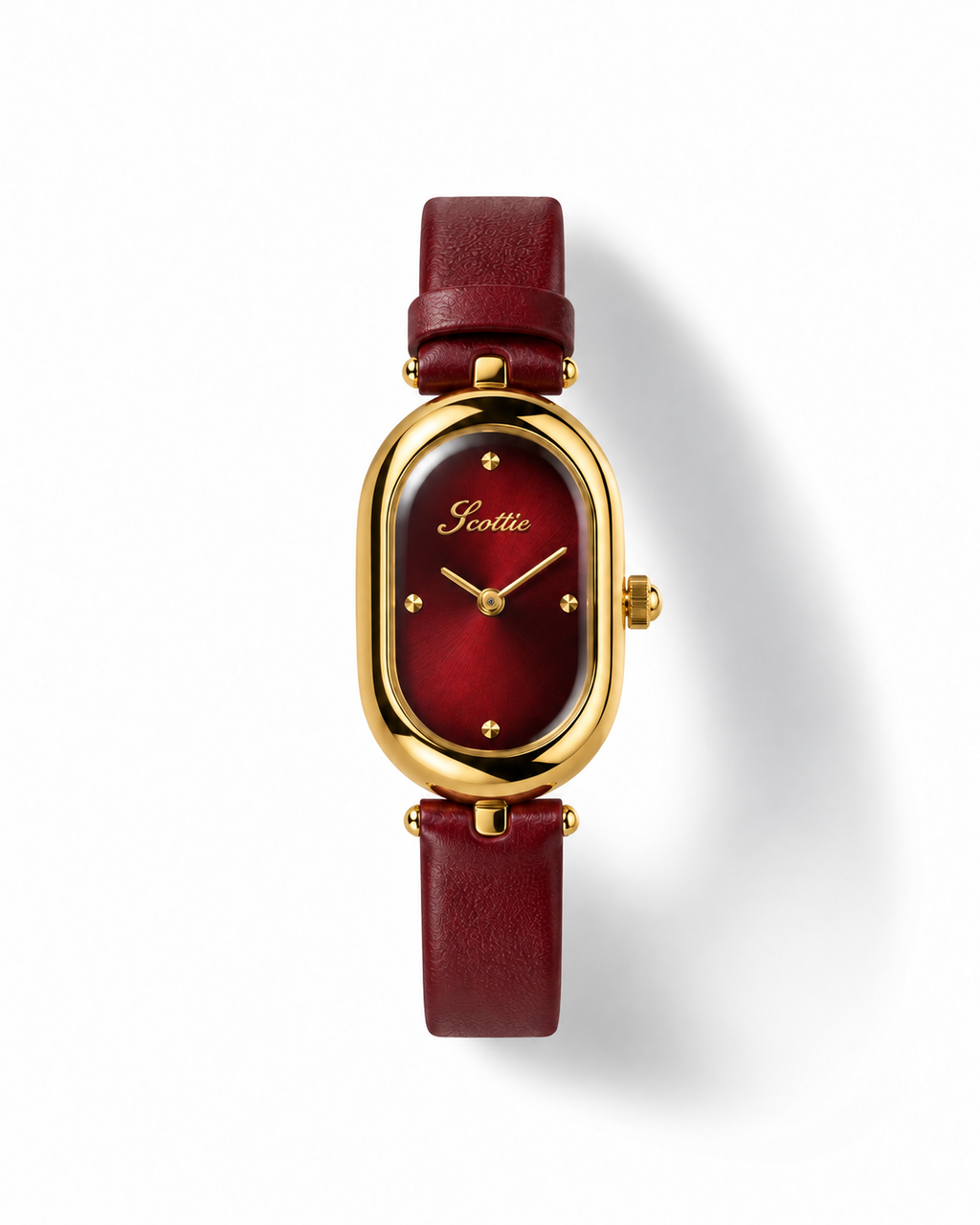 Scottie Ruby gold oval watch with red dial and red leather strap, front view