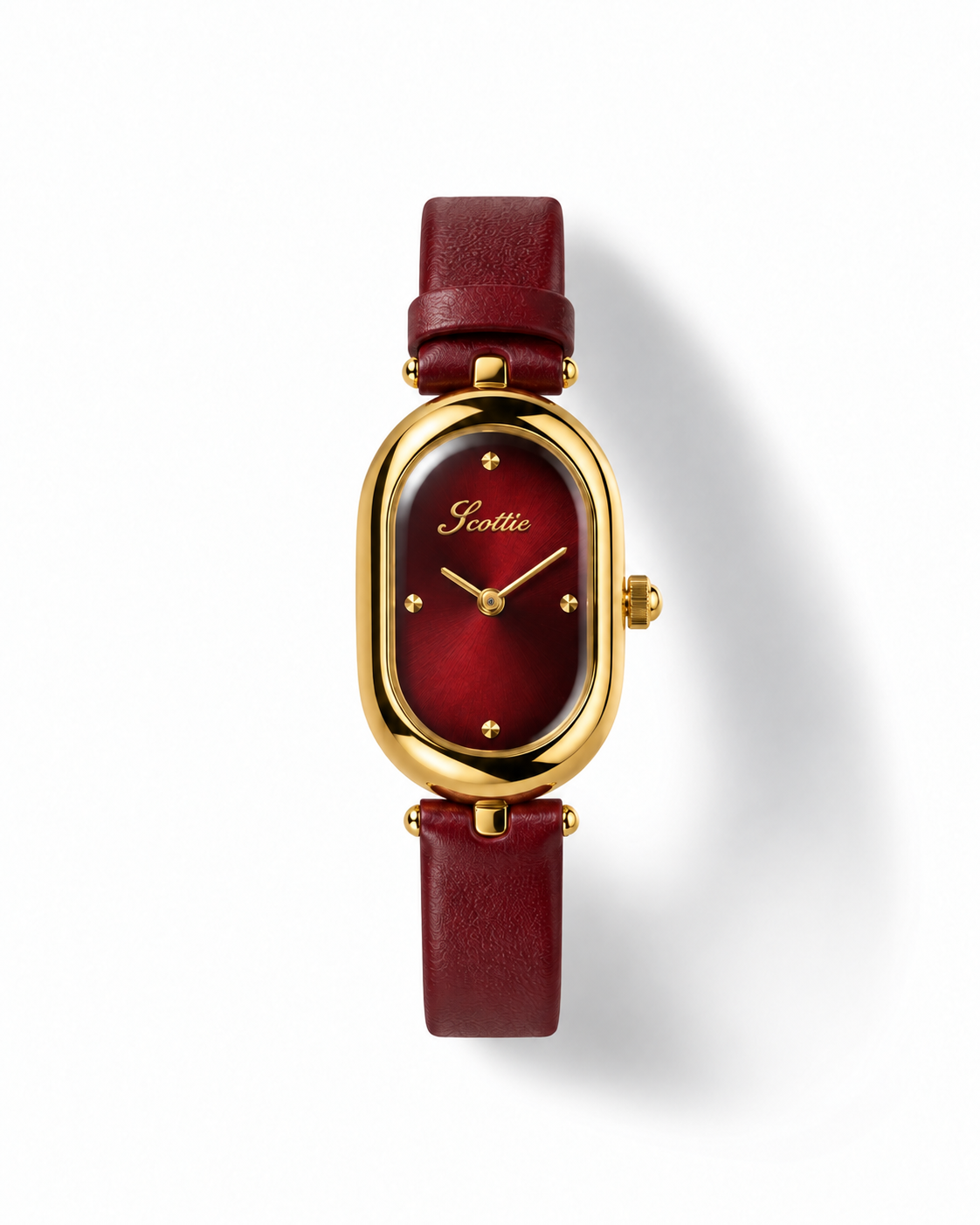 Scottie Ruby gold oval watch with red dial and red leather strap, front view