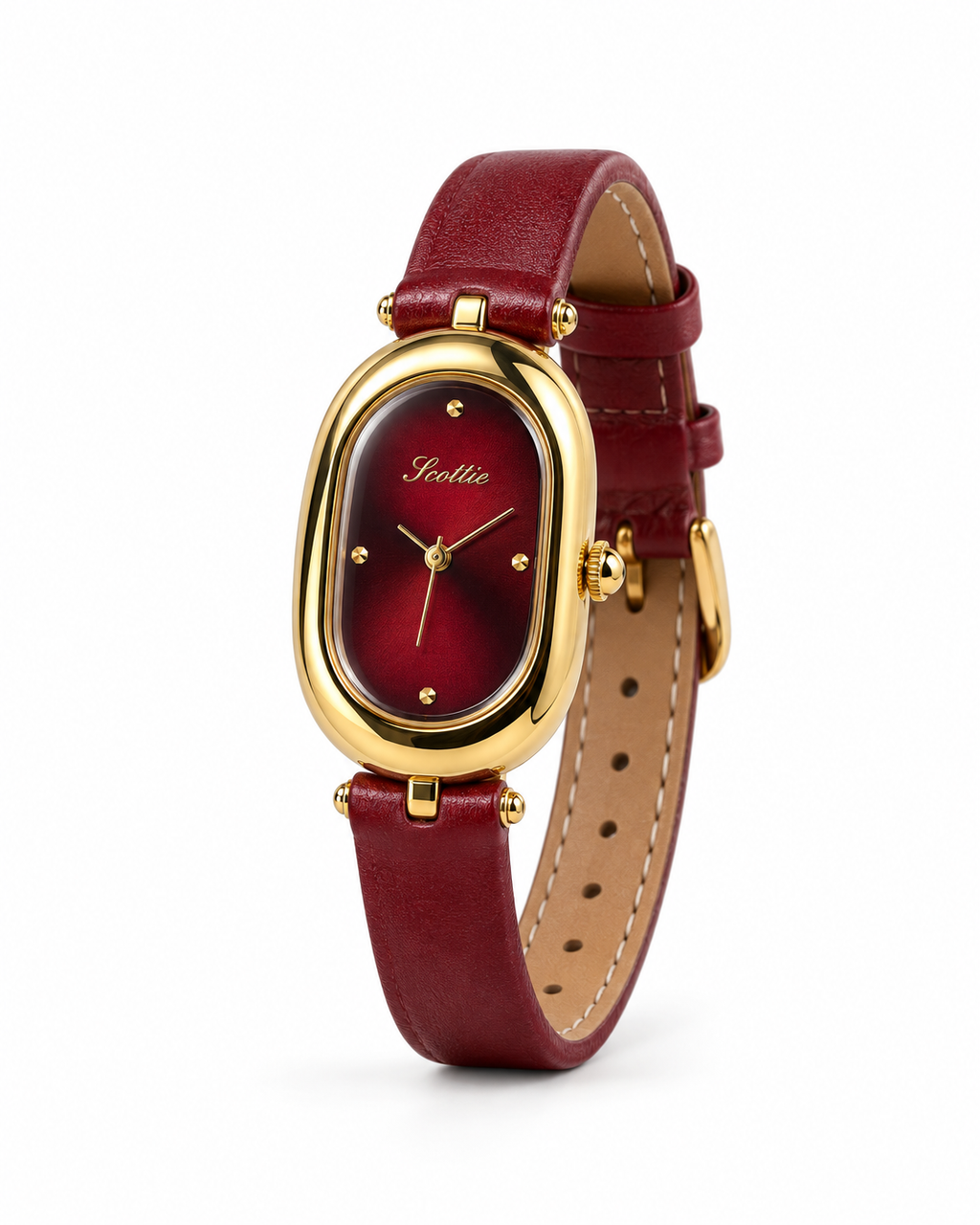 Scottie Ruby gold watch on red leather strap, angled view