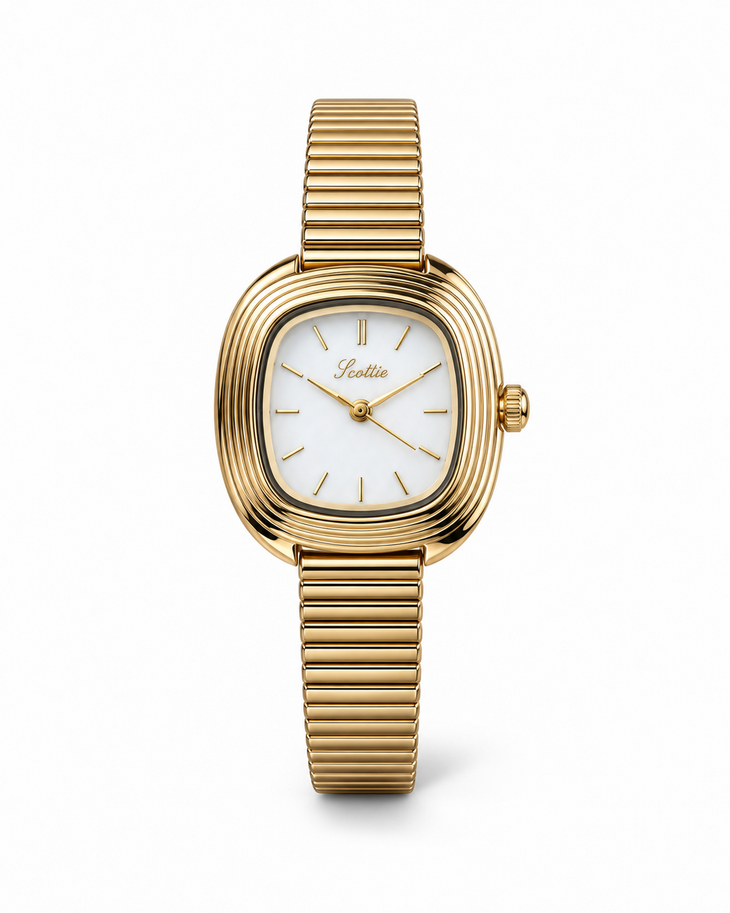 Scottie Quadro gold cushion-shaped watch with white dial, front view