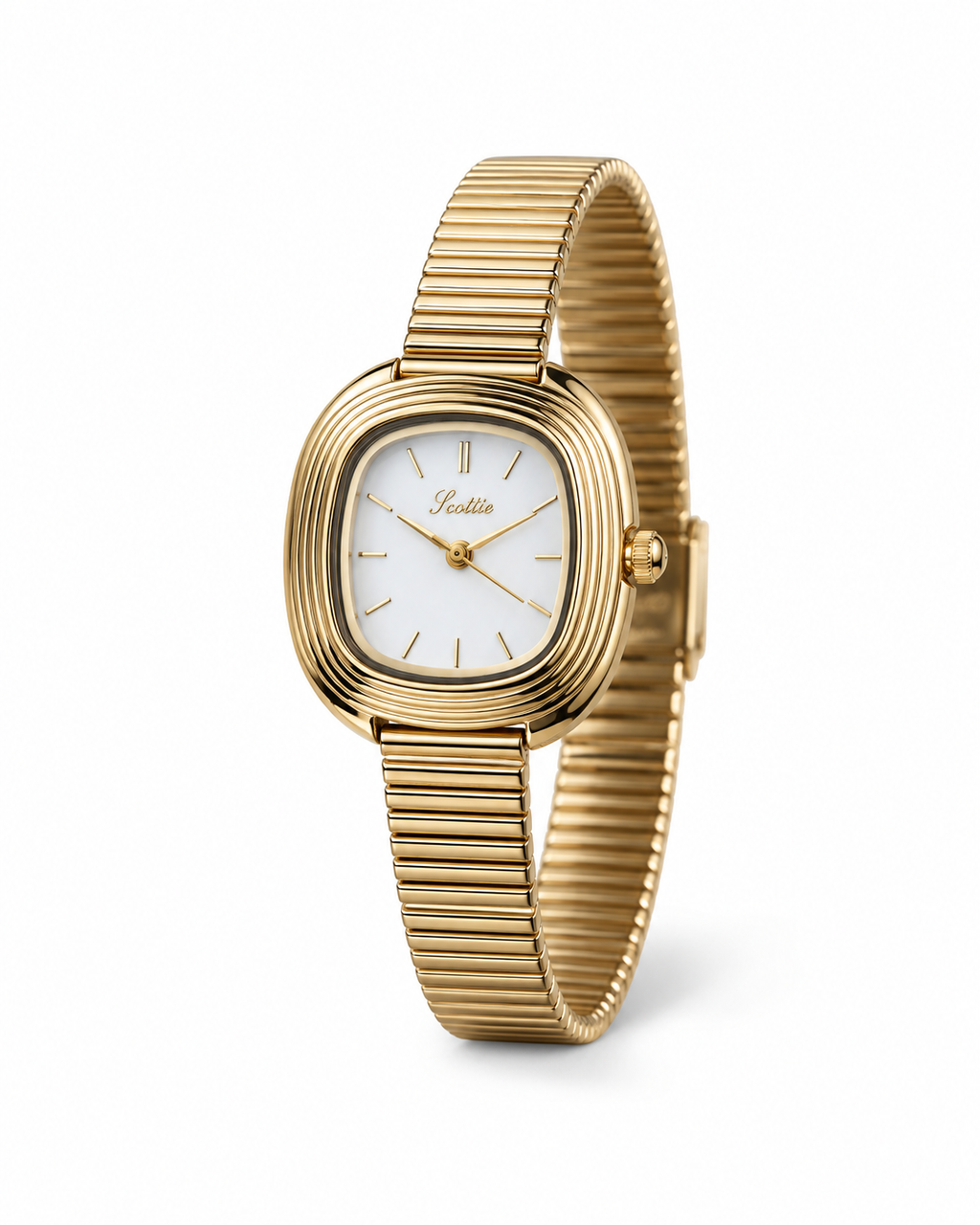Scottie Quadro gold watch with ribbed bracelet, angled view