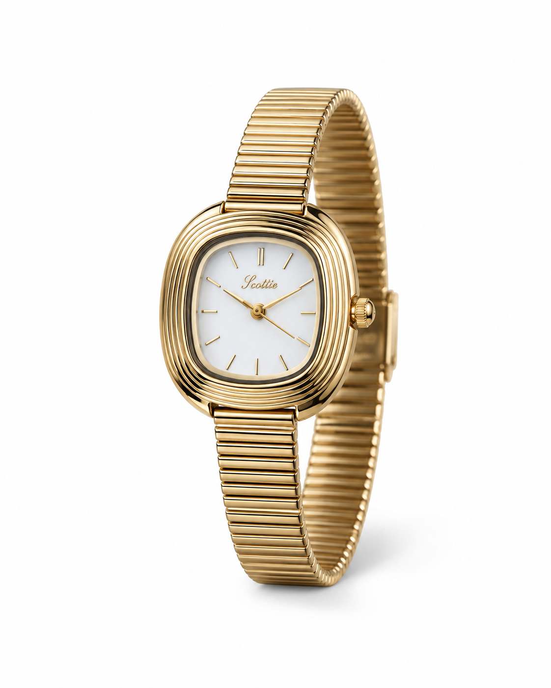 Scottie Quadro gold watch with ribbed bracelet, angled view