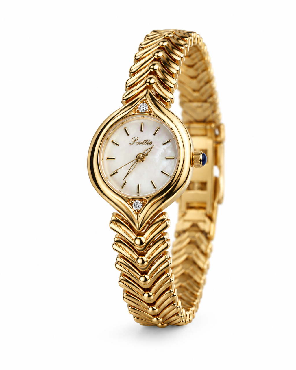 Scottie Arco gold watch, angled view