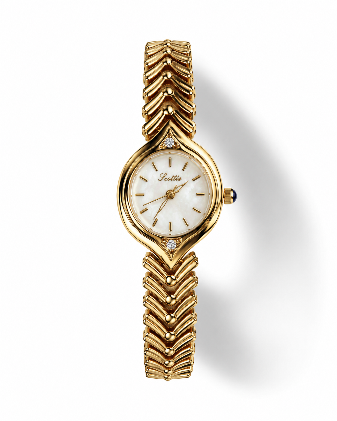 Scottie Arco gold watch with mother-of-pearl dial and chevron bracelet, front view