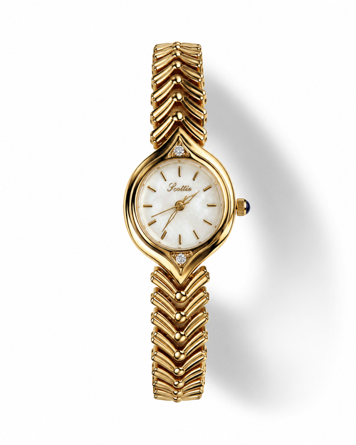 Scottie Arco gold watch with mother-of-pearl dial and chevron bracelet, front view