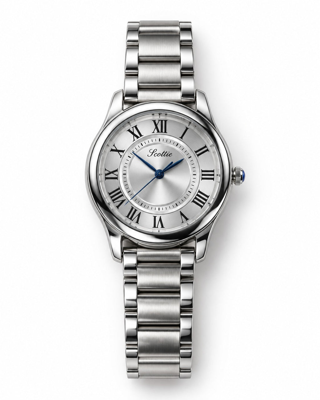 Scottie Pista silver watch with Roman numerals and blue hands, front view