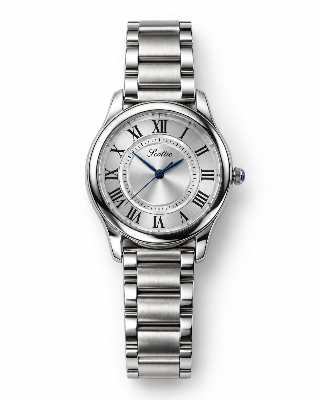 Scottie Pista silver watch with Roman numerals and blue hands, front view
