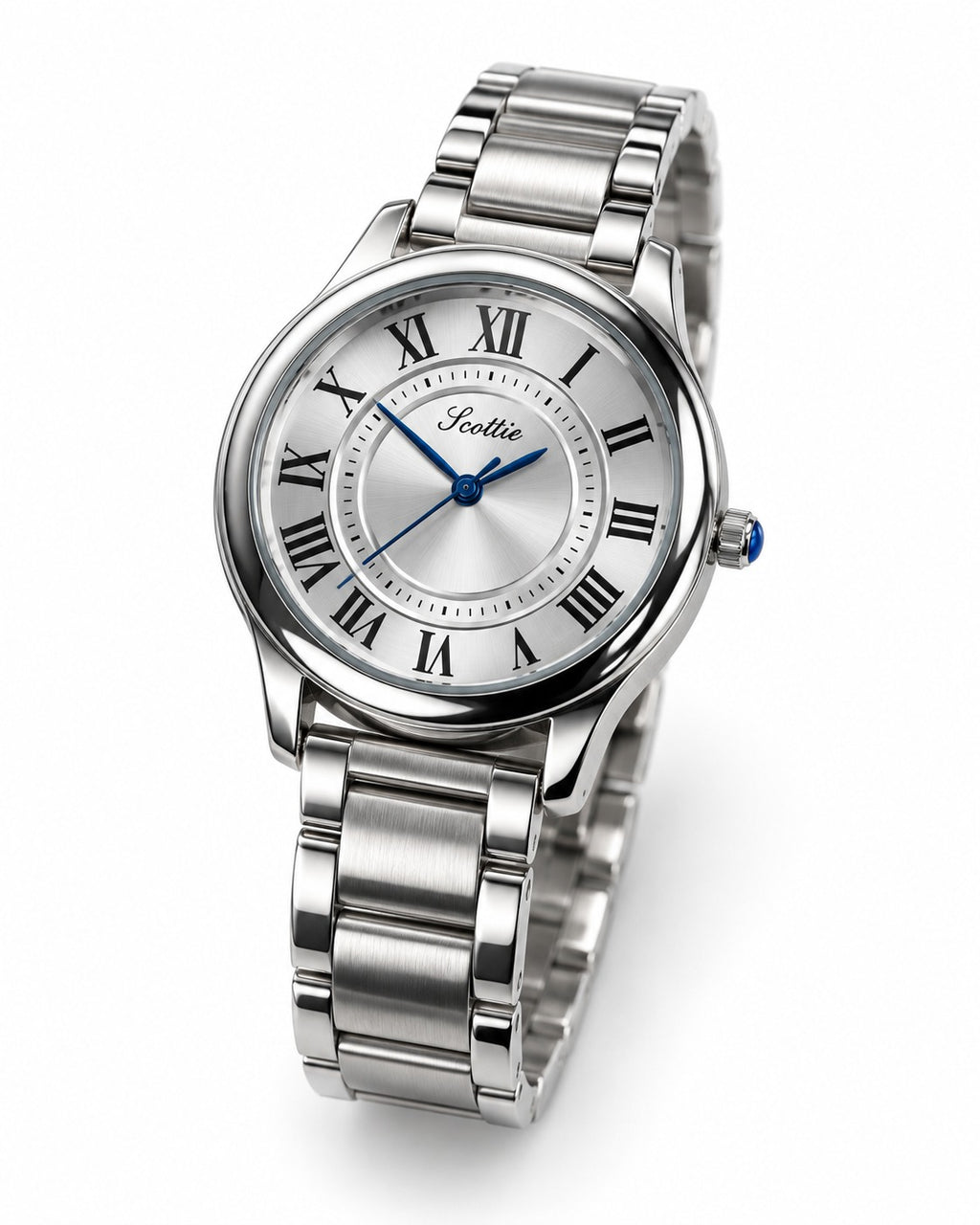 Scottie Pista silver link bracelet watch, angled view