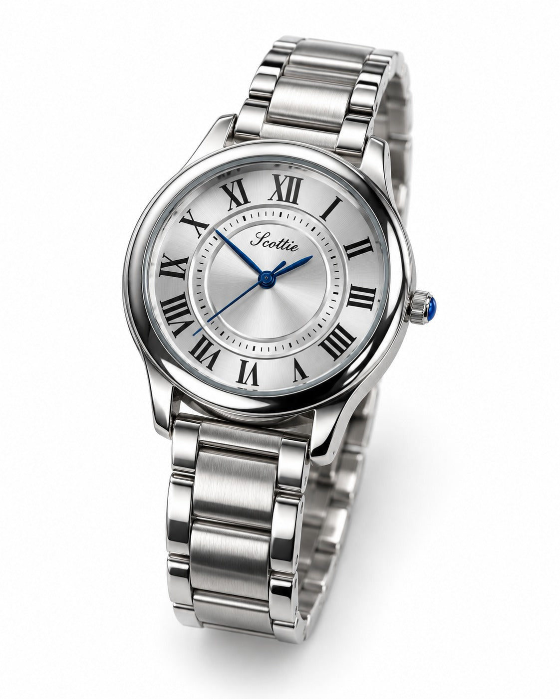 Scottie Pista silver link bracelet watch, angled view