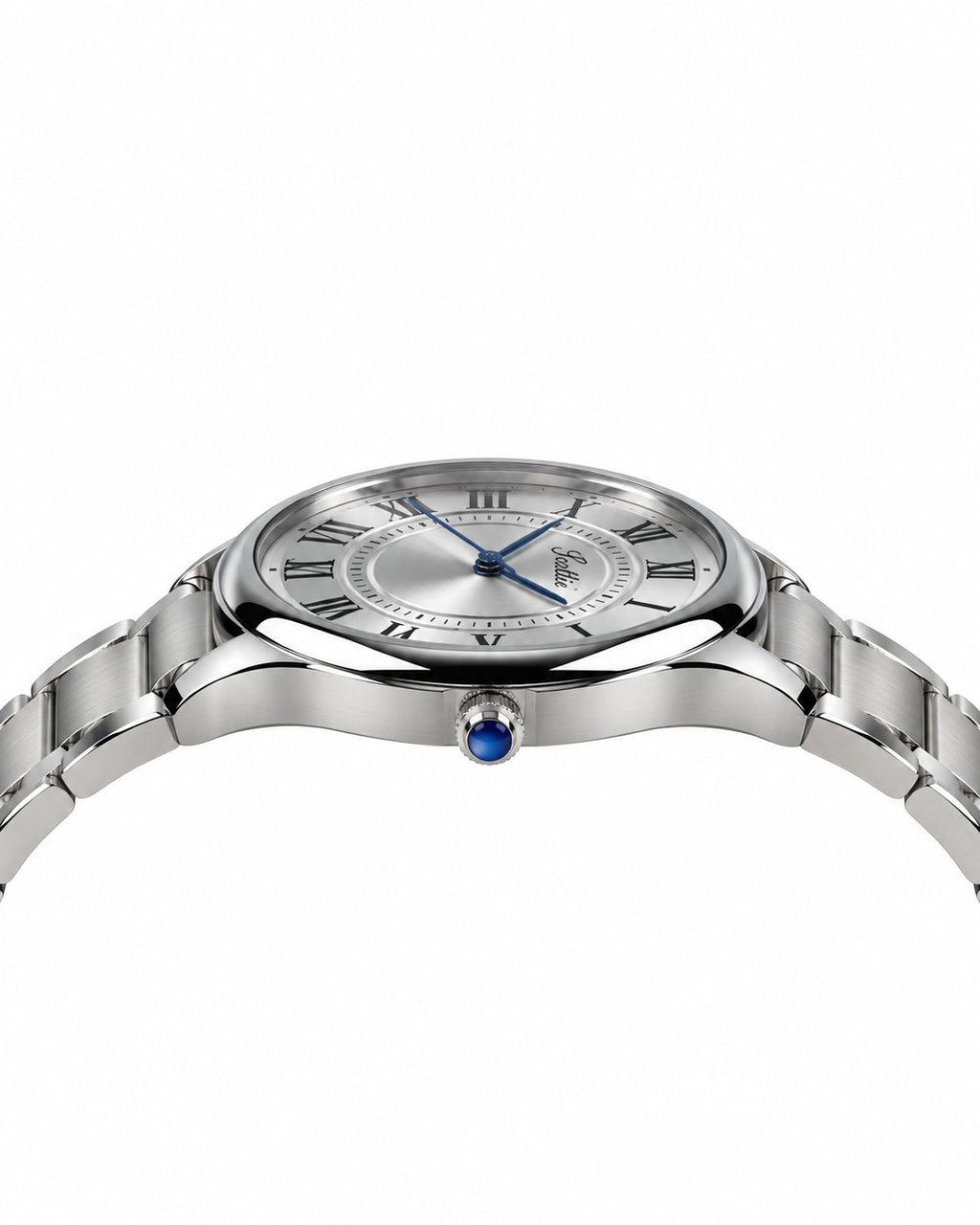 Scottie Pista silver case and blue crown, profile view