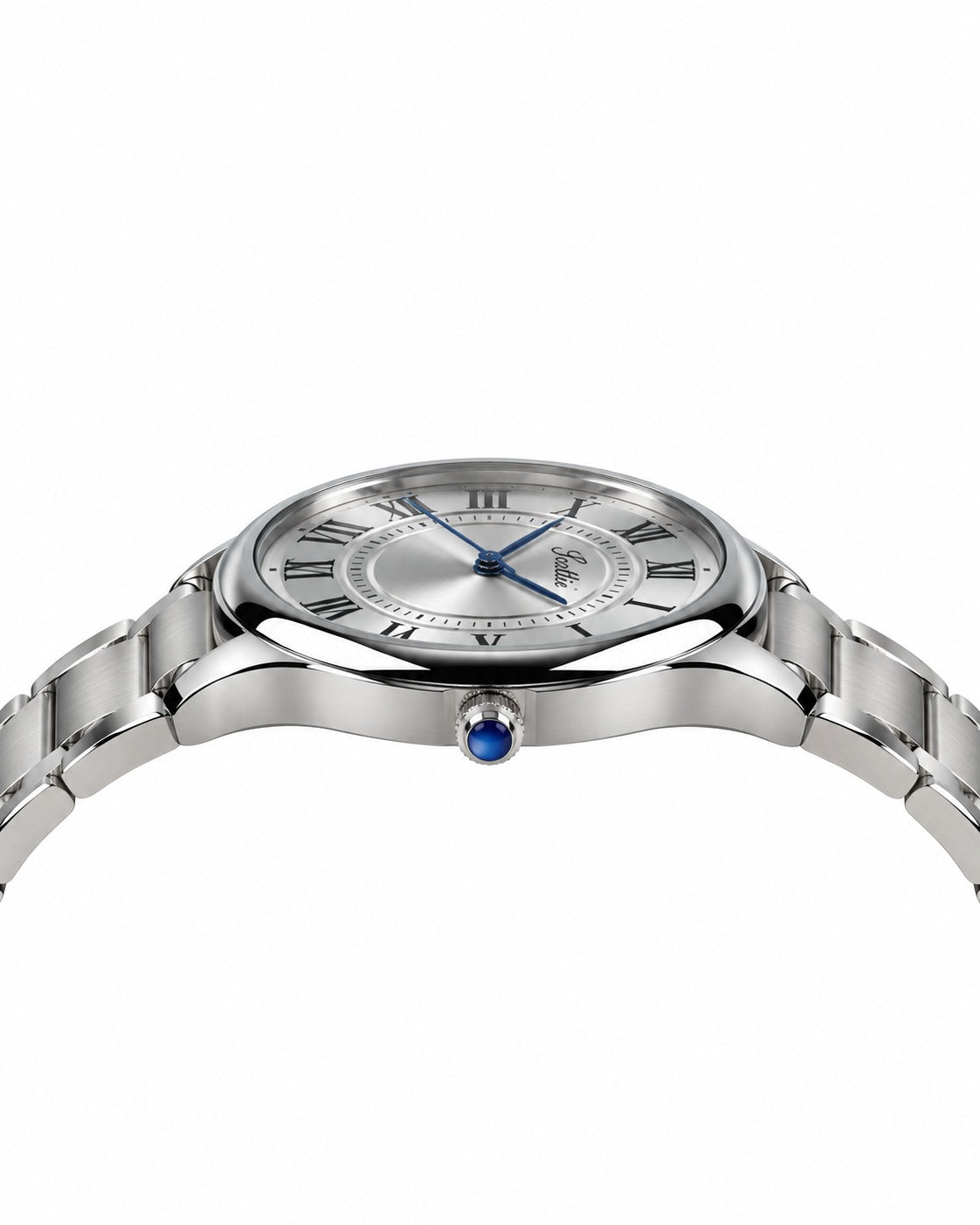 Scottie Pista silver case and blue crown, profile view