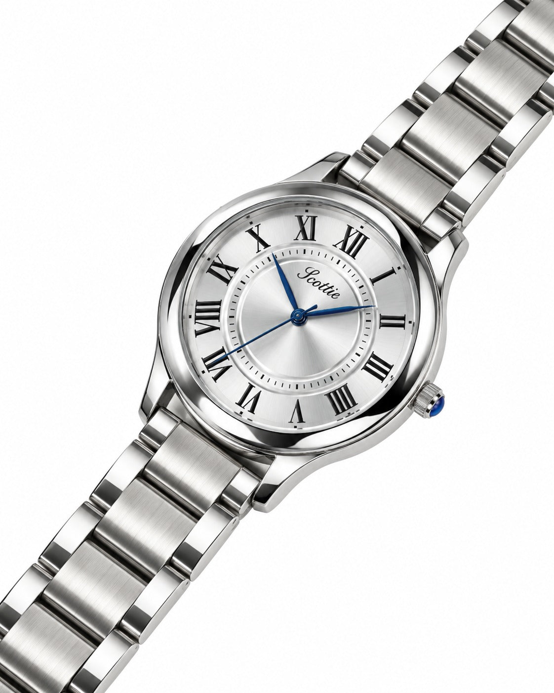 Scottie Pista silver dial with Roman numerals, close-up